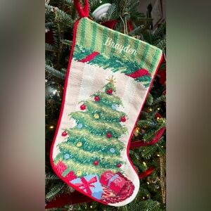 Wool Needlepoint Christmas Stocking Santa Claus Tree Monogram Brayden Red Velvet